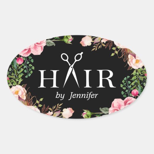 Beauty Salon Hair Cut Scissor Logo Elegant Floral Oval Sticker