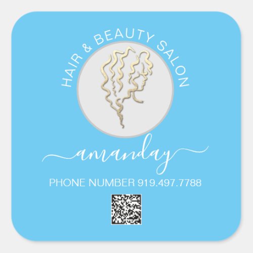 Beauty Salon Hair Logo Blue QR CODE Square Sticker