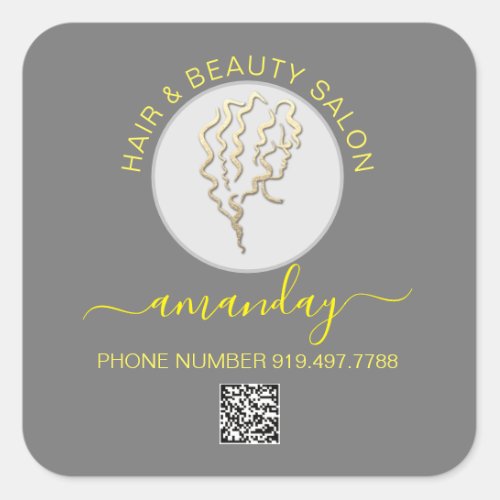 Beauty Salon Hair Logo Gray Yellow QR CODE Square Sticker