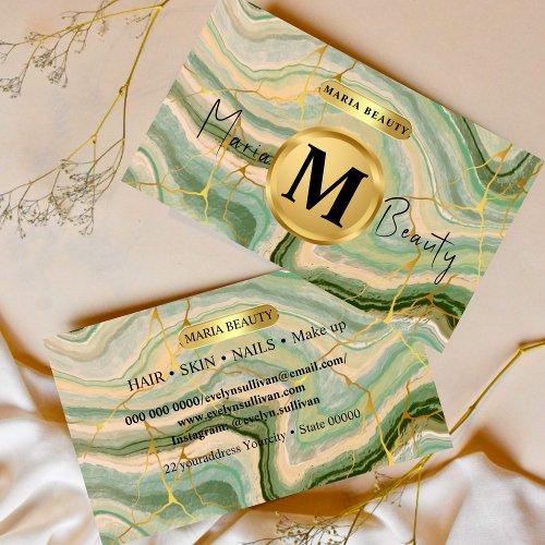 Beauty salon Hair Make Up Artist green gold marble Business Card