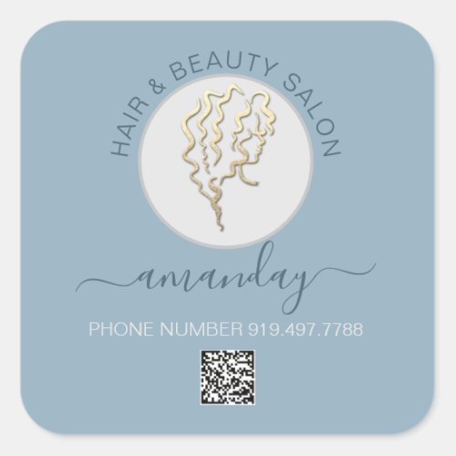 Beauty Salon Hair  Smoky Blue  Logo Hair QR CODE Square Sticker