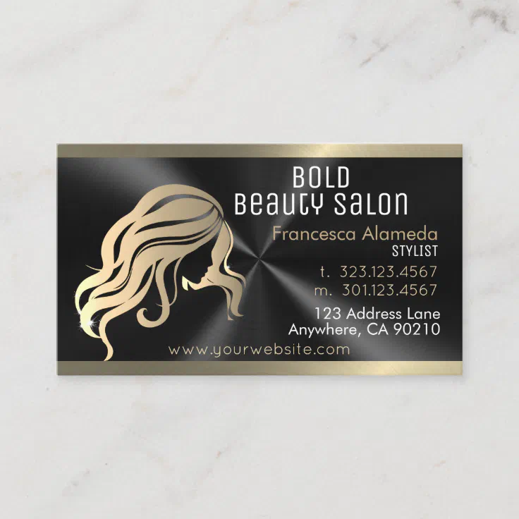 Beauty Salon Hair Stylist Brushed Black + Gold Business Card | Zazzle