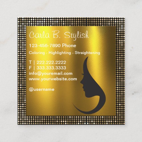 Beauty Salon Hair Stylist Brushed Black  golden   Square Business Card