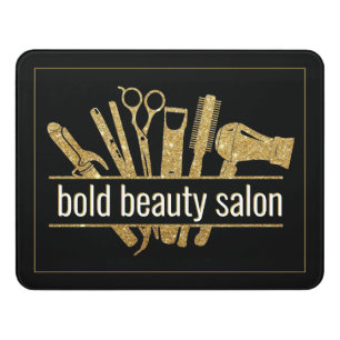Beauty Salon Hair Stylist Tools Gold Glitter Black Door Sign