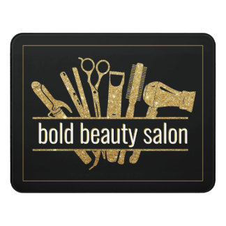 Beauty Salon Hair Stylist Tools Gold Glitter Black Door Sign