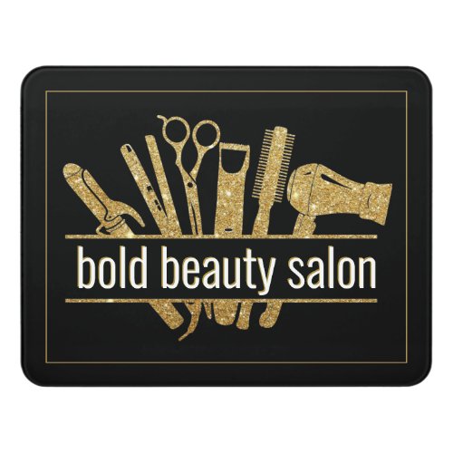 Beauty Salon Hair Stylist Tools Gold Glitter Black Door Sign