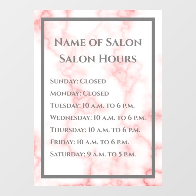Beauty Salon Hours Faux Pink Marble Business Window Cling (Sheet)