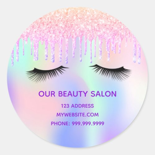 Beauty salon lashes holographic pink glitter classic round sticker