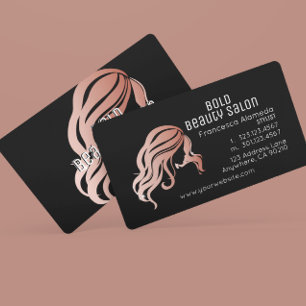 Beauty Salon Metallic Rose Gold Hair Stylist Black Business Card