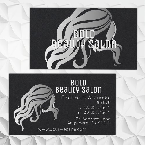 Beauty Salon Metallic Silver Hair Stylist Black Business Card