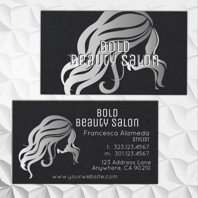 Beauty Salon Metallic Silver Hair Stylist Black Business Card (Creator Uploaded)