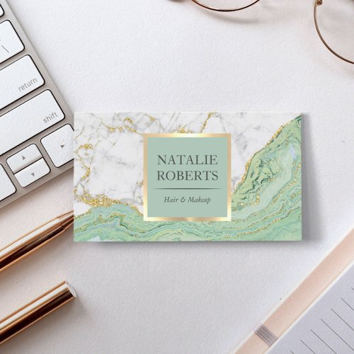 Beauty Salon Mint  Gold Agate Modern Marble Business Card