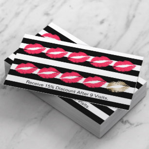 Beauty Salon Modern Black Stripes Red Lips Loyalty Card