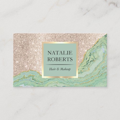 Beauty Salon Modern Gold Glitter Mint Agate Marble Business Card