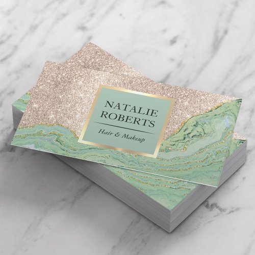 Beauty Salon Modern Gold Glitter Mint Agate Marble Business Card