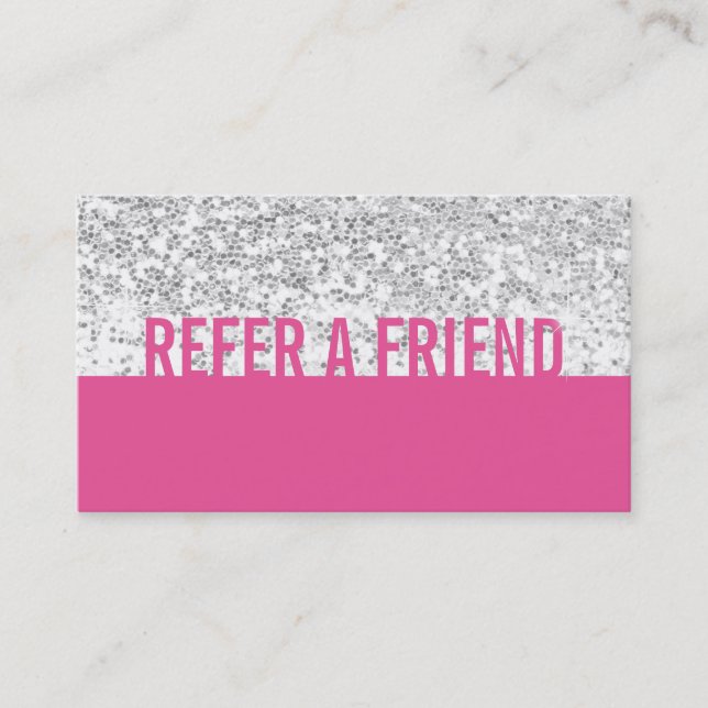 Beauty Salon Modern Pink & Silver Sequins Referral Card (Front)