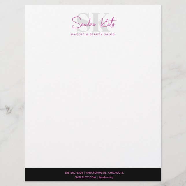 Beauty Salon Monogram Custom Logo Black Pink White Letterhead (Front)