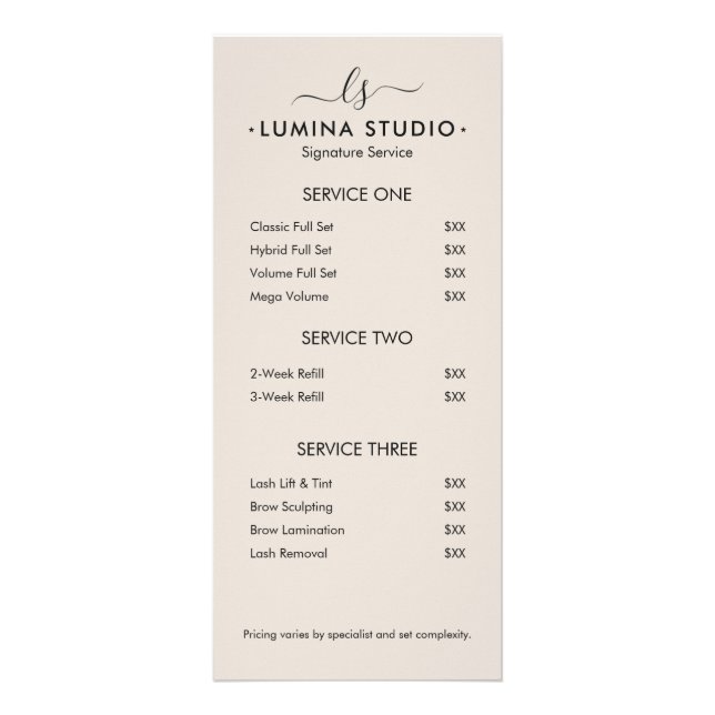Beauty Salon Monogram Initials Price List Sand Rack Card (Front)