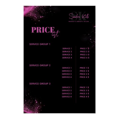Beauty Salon MUA Hair Black Neon Pink Price List  Poster