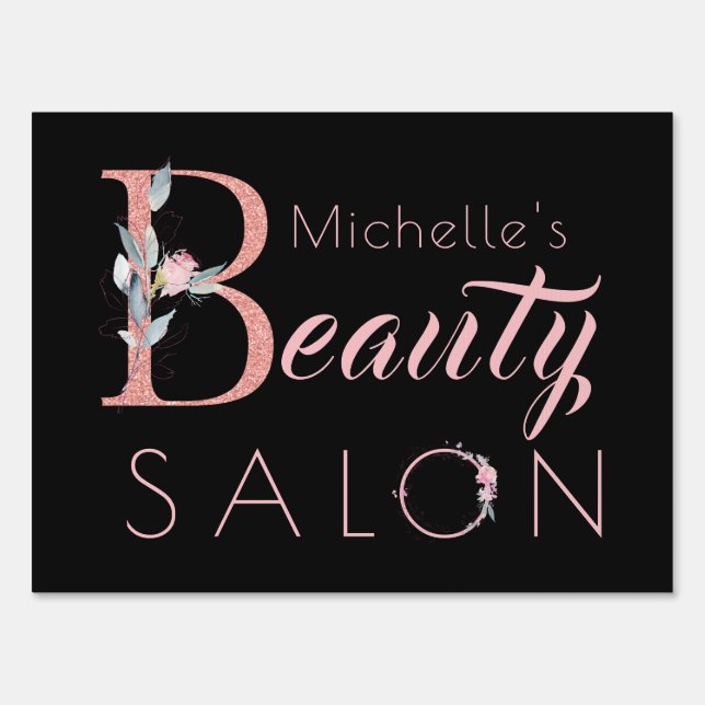 Beauty salon name chic floral glitter pink black sign (Front)