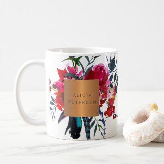 Beauty salon name glam copper watercolor flowers coffee mug