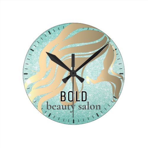 Beauty Salon Name Metallic Gold Aqua Blue Glitter Round Clock
