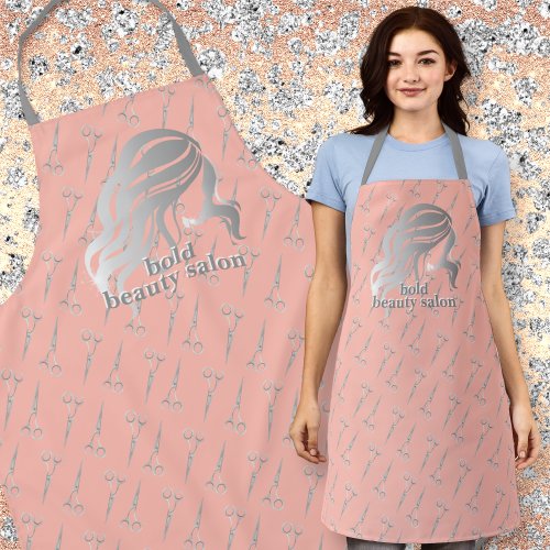 Beauty Salon Name Pink  Silver Clippers Staff Apron