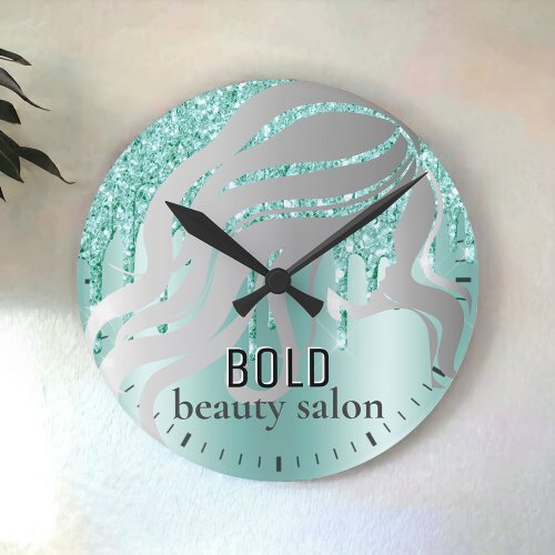 Beauty Salon Name Silver  Aqua Blue Glitter Drips Round Clock