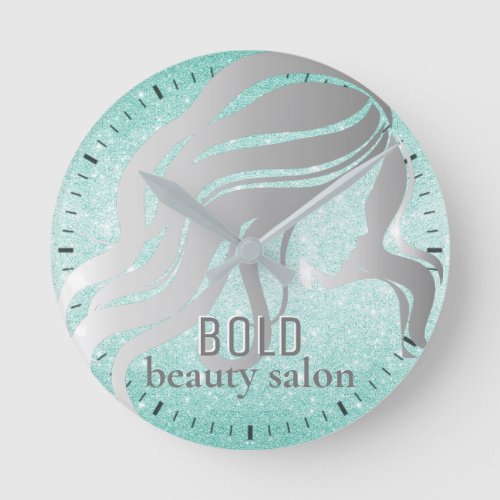 Beauty Salon Name Silver Foil  Aqua Blue Glitter Round Clock