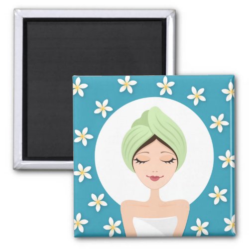 Beauty salon or spa woman wrapped towel teal blue magnet