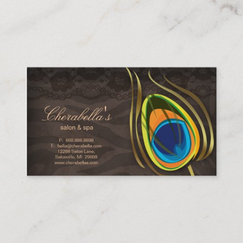 Beauty Salon Peacock Feather Brown Suede Business Card