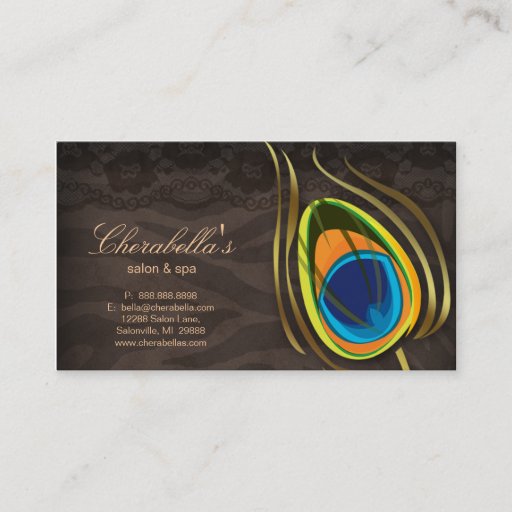 Customizable Beauty Salon Peacock Feather Brown Suede Business Card Templates