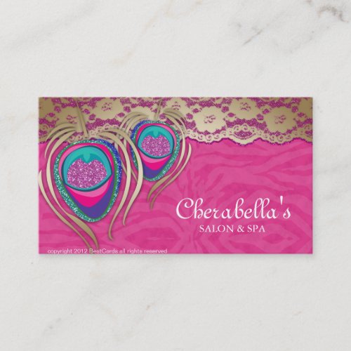Beauty Salon Peacock Feather Pink Zebra Lace 2 Business Cards