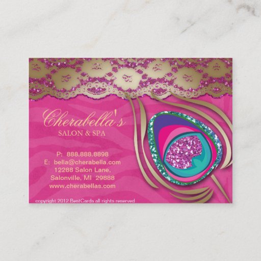Customizable Beauty Salon Peacock Feather Pink Zebra Lace Business Cards