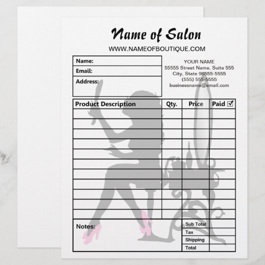 Beauty Salon Pink and Black Girly Girl Order Forms (Front/Back)