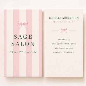 Beauty Salon Pink and Green Striped Preppy Bow Business Card