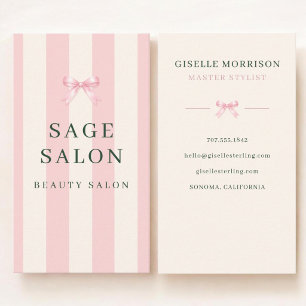 Beauty Salon Pink and Green Striped Preppy Bow Business Card