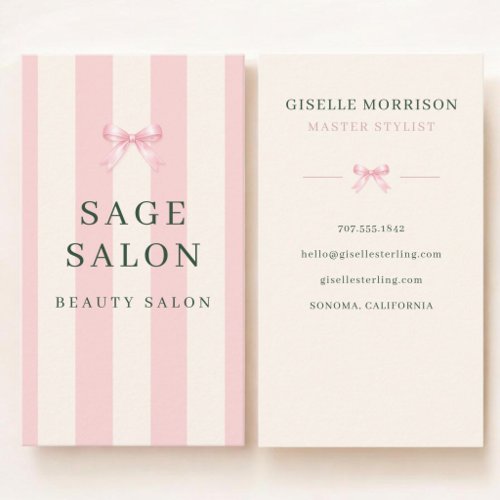 Beauty Salon Pink and Green Striped Preppy Bow Business Card