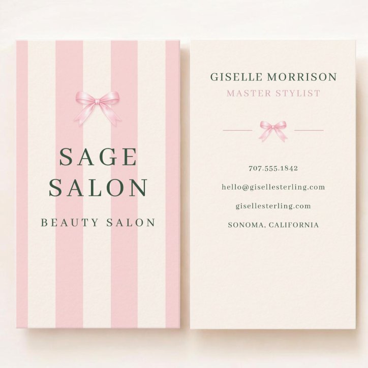 Beauty Salon Pink and Green Striped Preppy Bow Business Card