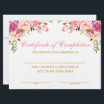 Beauty Salon Pink Floral Certificate of Completion Card<br><div class="desc">Professional, Customizable, Certificate of Completion. Great for classes, training courses, schools, business courses and more. Personalize with your custom text. Add your Business, Company or School Logo. Envelopes available for mailing. Perfect for Beauty Salon for posting at hair stylist station. Elegant Watercolor Pink Blush Floral and botanical greenery. Gold Script....</div>