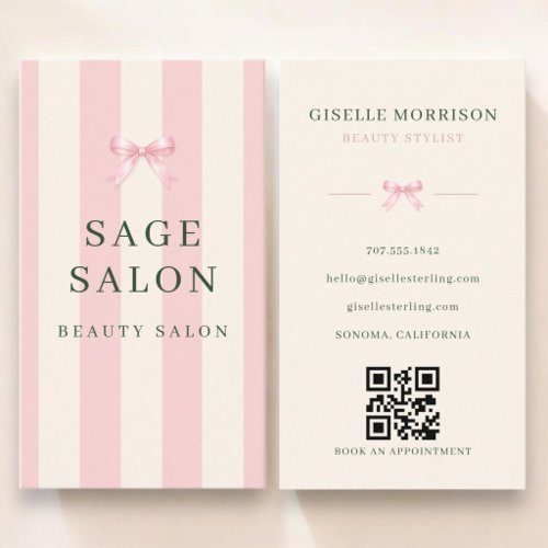 Beauty Salon Pink Green Striped Bow QR Code Business Card