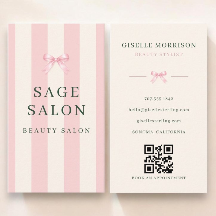 Beauty Salon Pink Green Striped Bow QR Code Business Card