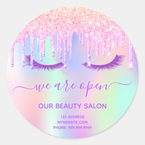 Beauty salon pink purple holographic classic round sticker