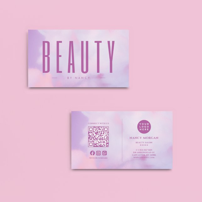 Beauty Salon QR Code & Logo Purple Holographic  Business Card (Creator Uploaded)