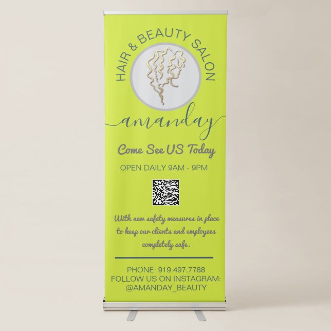 Beauty Salon Reopening Logo Hairdresser QR Code Re Retractable Banner (Front)