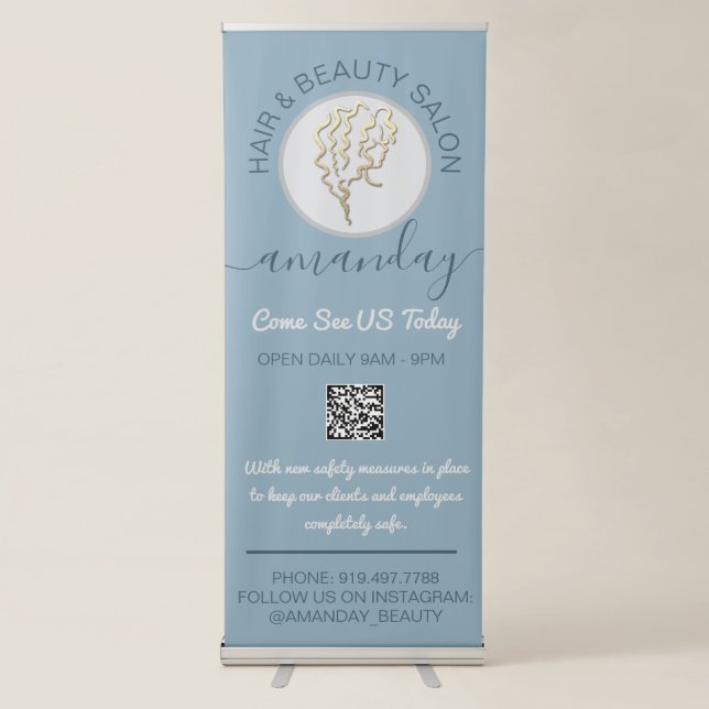 Beauty Salon Reopening Logo Hairdresser QR Code Retractable Banner (Front)