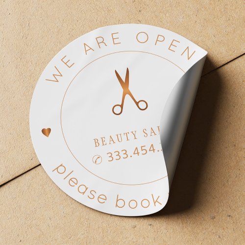 Beauty salon reopening name and logo book visit classic round sticker