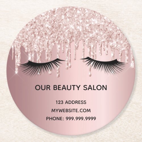 Beauty salon rose gold eye lashes makeup glitter round paper coaster