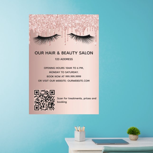 Beauty salon rose gold glitter lashes QR code Wall Decal (Home Office)