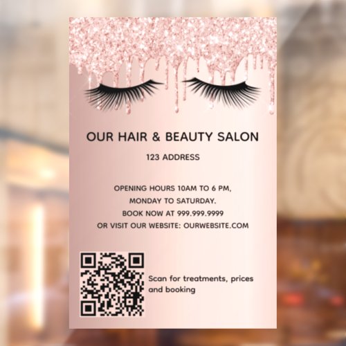 Beauty salon rose gold glitter lashes QR code Window Cling